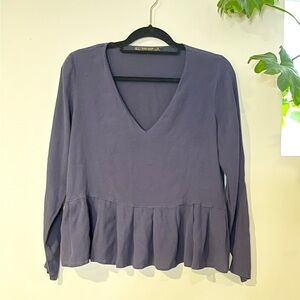 Zara Basic Navy Top V Neck Long Sleeve Peplum